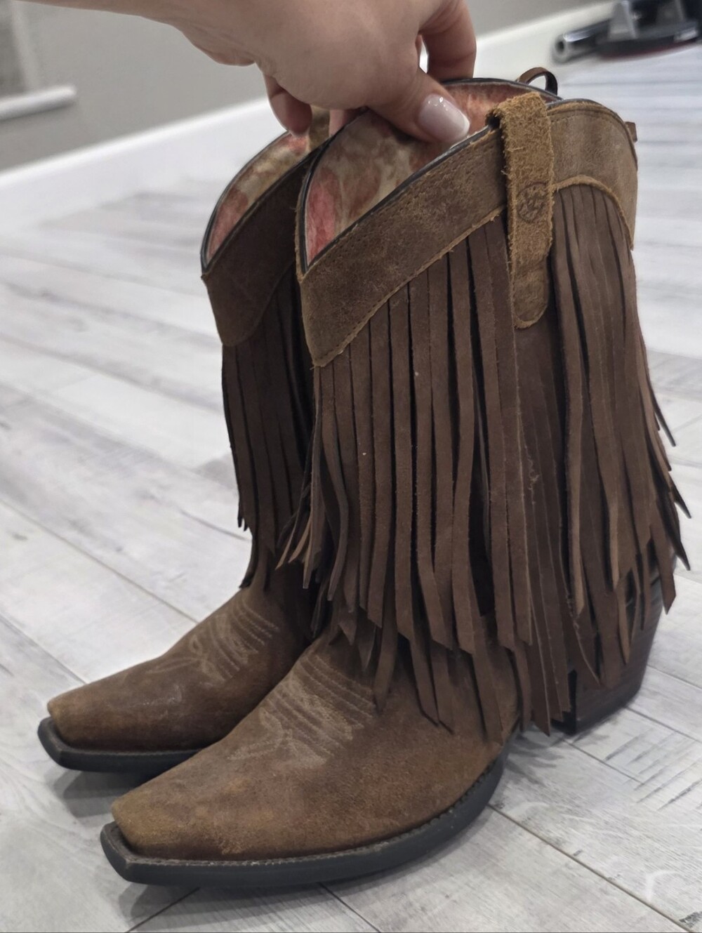 Ariat Pink and Cream Floral Suede Cowboy Ankle Boot